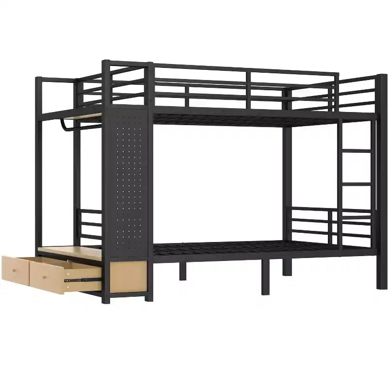 Lit superposé en métal de taille Queen sur Queen pour adolescents avec étagères de rangement, tiroirs et panneau perforé, noir