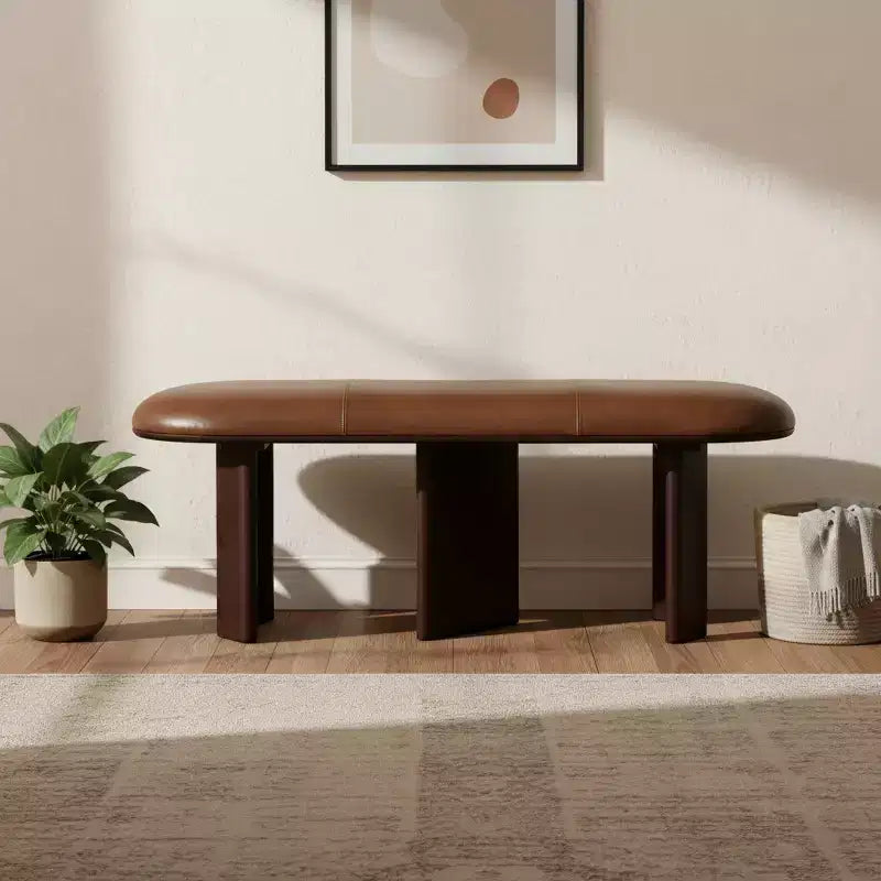 Banc rembourré en cuir véritable marron et bois massif de 122 cm