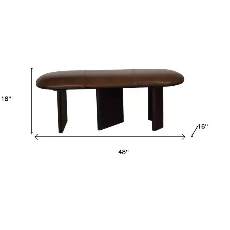 Banc rembourré en cuir véritable marron et bois massif de 122 cm