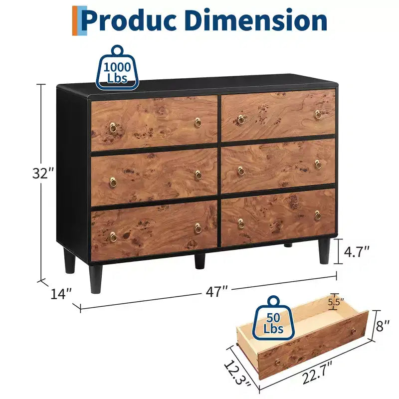 Commode à 7 tiroirs, commode moderne de 137 cm de large avec poignées métalliques, commode en bois meuble TV, organisateur de rangement de vêtements pour salon