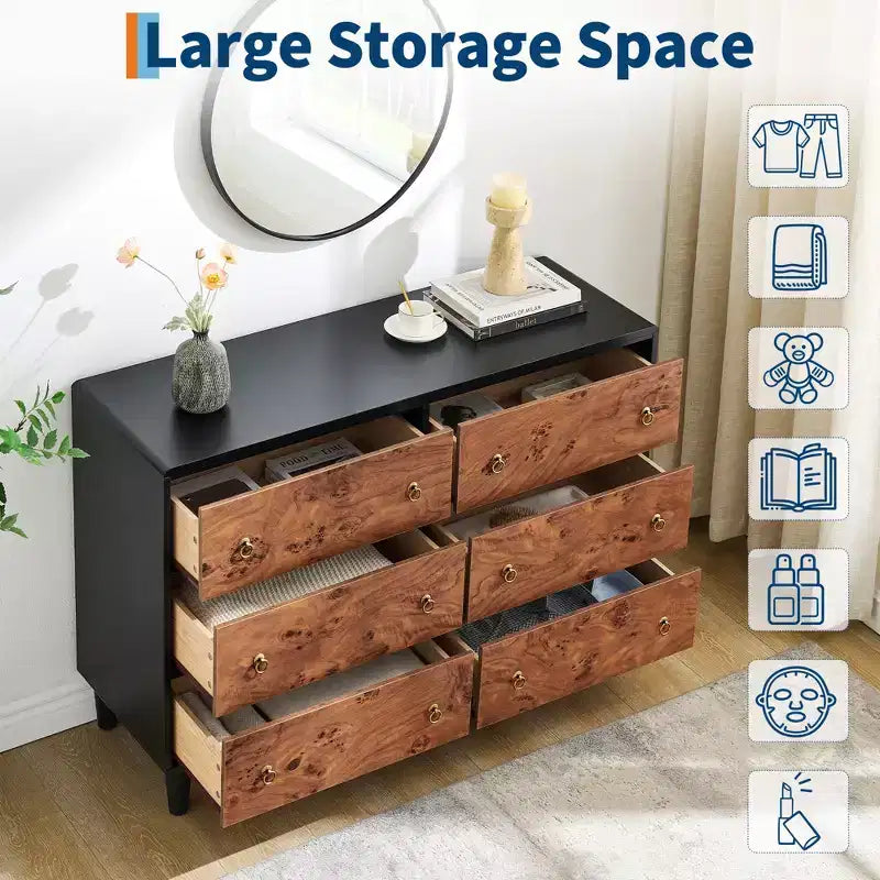 Commode à 7 tiroirs, commode moderne de 137 cm de large avec poignées métalliques, commode en bois meuble TV, organisateur de rangement de vêtements pour salon