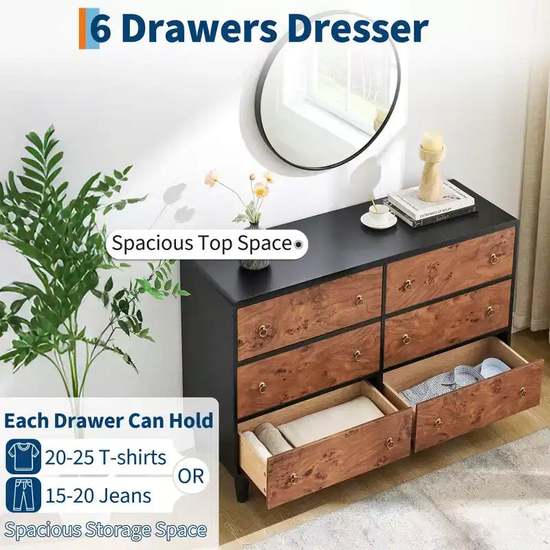 Commode à 7 tiroirs, commode moderne de 137 cm de large avec poignées métalliques, commode en bois meuble TV, organisateur de rangement de vêtements pour salon