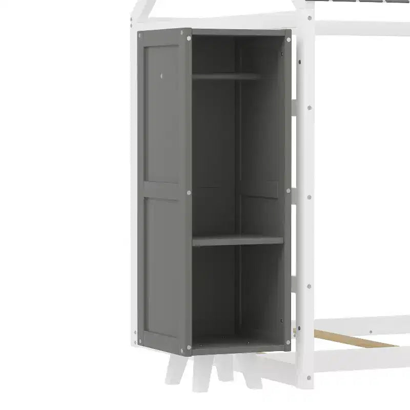 Lit de sol Montessori une place avec barrière de sécurité pour enfants, cadre de lit cabane en bois avec toit et étagères de rangement