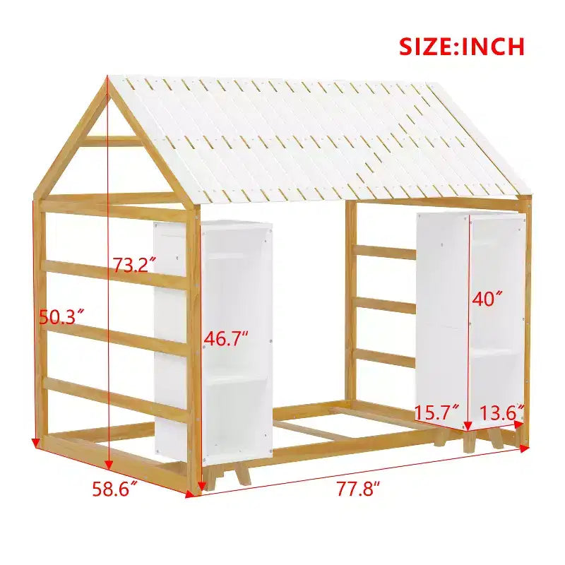 Lit de sol Montessori une place avec barrière de sécurité pour enfants, cadre de lit cabane en bois avec toit et étagères de rangement
