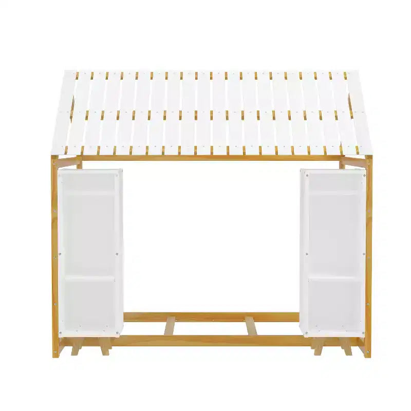 Lit de sol Montessori une place avec barrière de sécurité pour enfants, cadre de lit cabane en bois avec toit et étagères de rangement