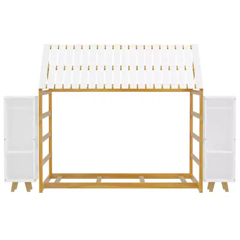 Lit de sol Montessori une place avec barrière de sécurité pour enfants, cadre de lit cabane en bois avec toit et étagères de rangement