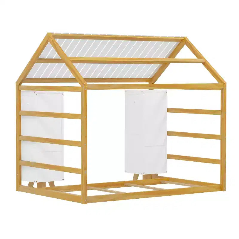 Lit de sol Montessori une place avec barrière de sécurité pour enfants, cadre de lit cabane en bois avec toit et étagères de rangement