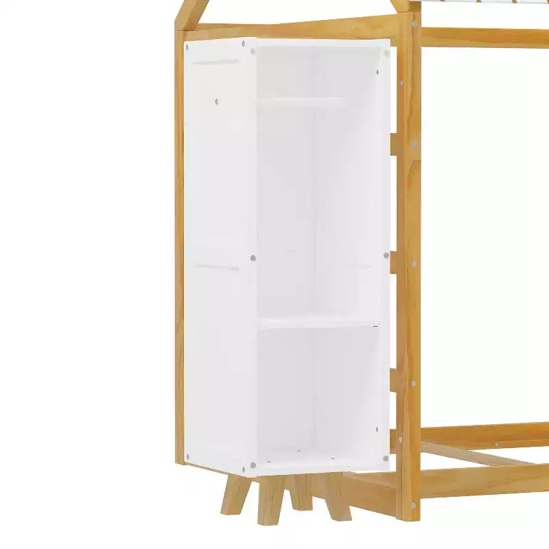Lit de sol Montessori une place avec barrière de sécurité pour enfants, cadre de lit cabane en bois avec toit et étagères de rangement