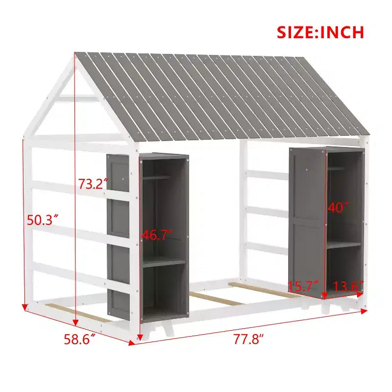 Lit de sol Montessori une place avec barrière de sécurité pour enfants, cadre de lit cabane en bois avec toit et étagères de rangement