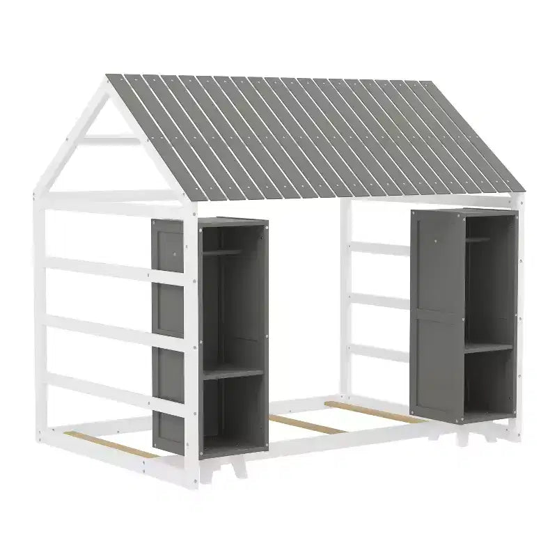 Lit de sol Montessori une place avec barrière de sécurité pour enfants, cadre de lit cabane en bois avec toit et étagères de rangement