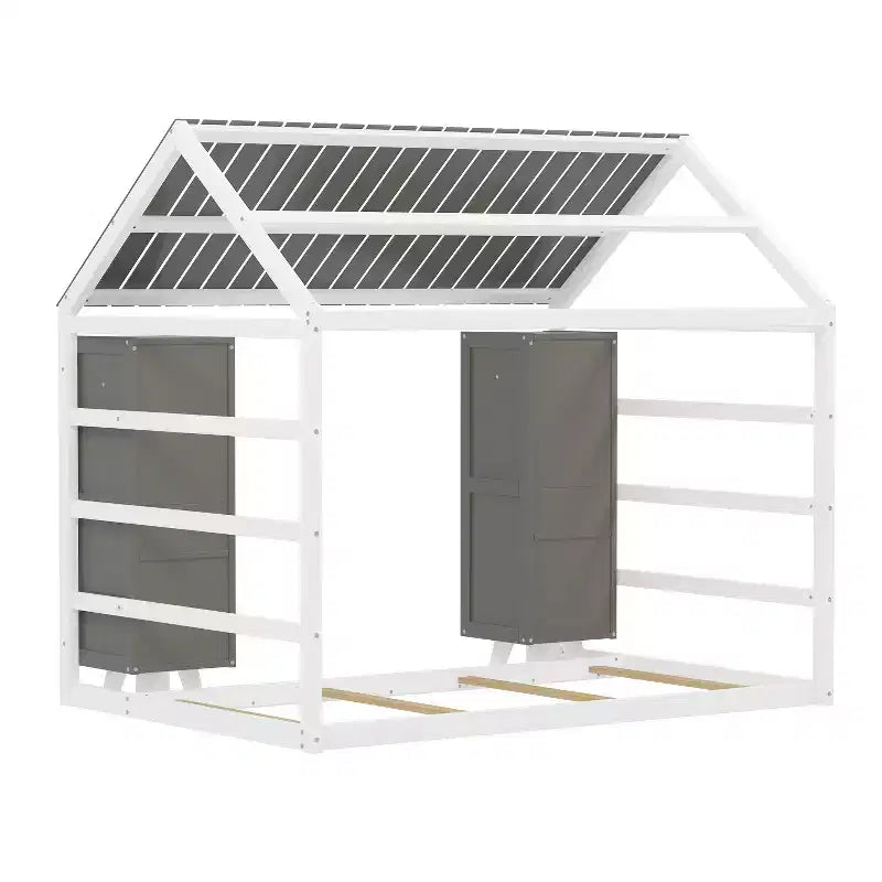 Lit de sol Montessori une place avec barrière de sécurité pour enfants, cadre de lit cabane en bois avec toit et étagères de rangement