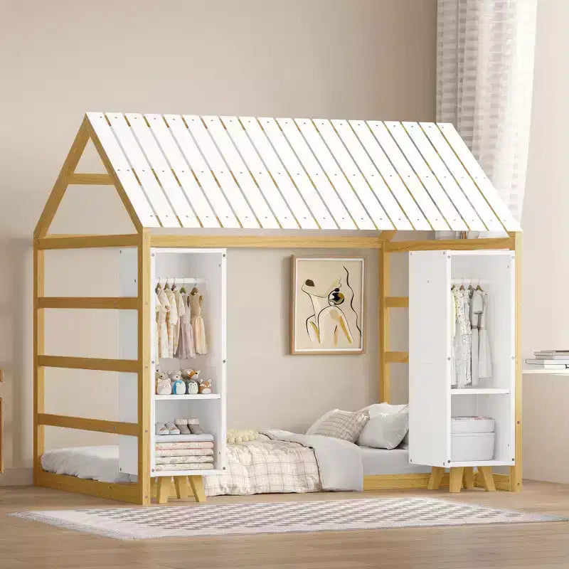 Lit de sol Montessori une place avec barrière de sécurité pour enfants, cadre de lit cabane en bois avec toit et étagères de rangement