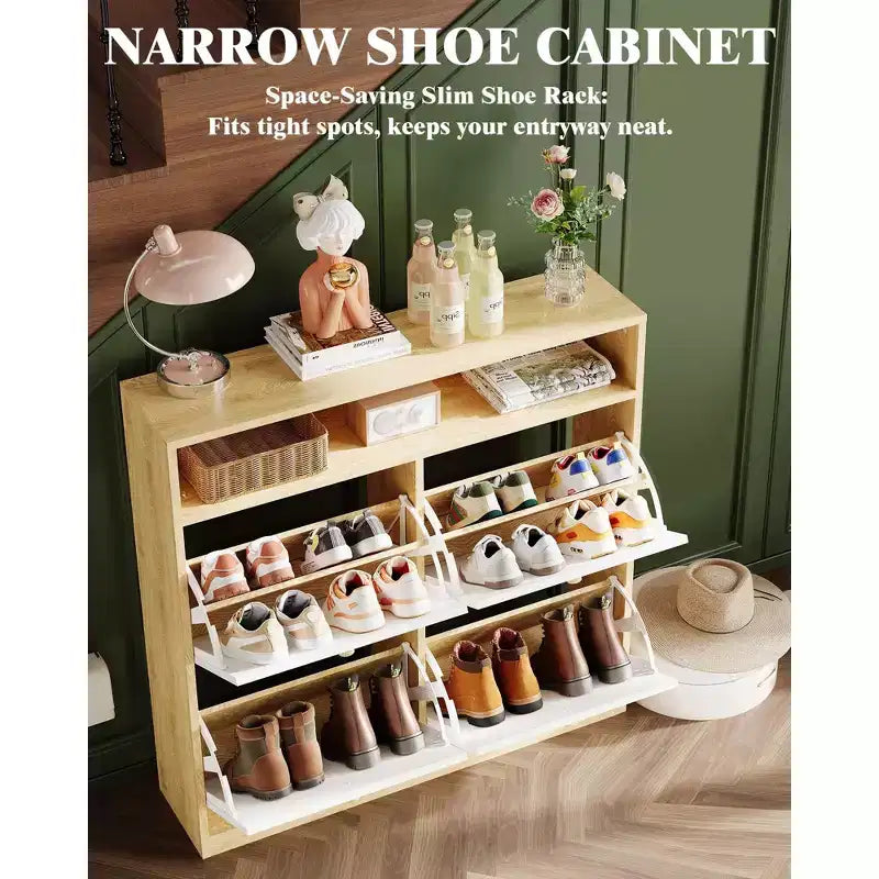 Meuble à chaussures avec 4 tiroirs basculants, Organisateur de chaussures autonome avec étagère ouverte, Armoire à chaussures pour entrée, salon, appartement