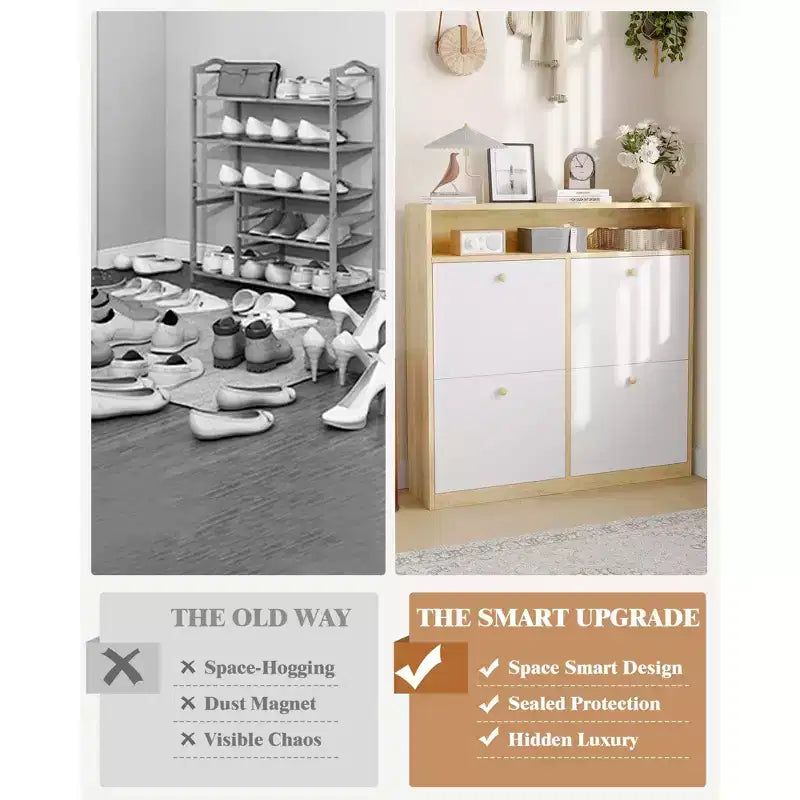 Meuble à chaussures avec 4 tiroirs basculants, Organisateur de chaussures autonome avec étagère ouverte, Armoire à chaussures pour entrée, salon, appartement