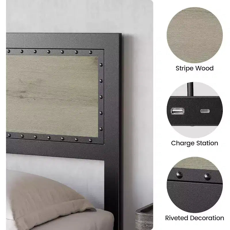 Cadre de lit plateforme avec tête de lit élégante et stylée, rangement sous le lit, aucun sommier tapissier requis, montage facile, support robuste, gris