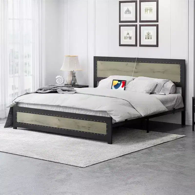 Cadre de lit plateforme avec tête de lit élégante et stylée, rangement sous le lit, aucun sommier tapissier requis, montage facile, support robuste, gris