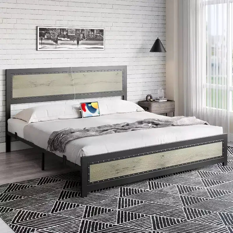 Cadre de lit plateforme avec tête de lit élégante et stylée, rangement sous le lit, aucun sommier tapissier requis, montage facile, support robuste, gris