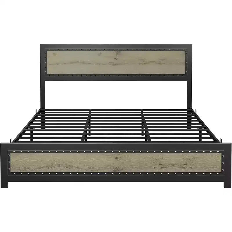Cadre de lit plateforme avec tête de lit élégante et stylée, rangement sous le lit, aucun sommier tapissier requis, montage facile, support robuste, gris