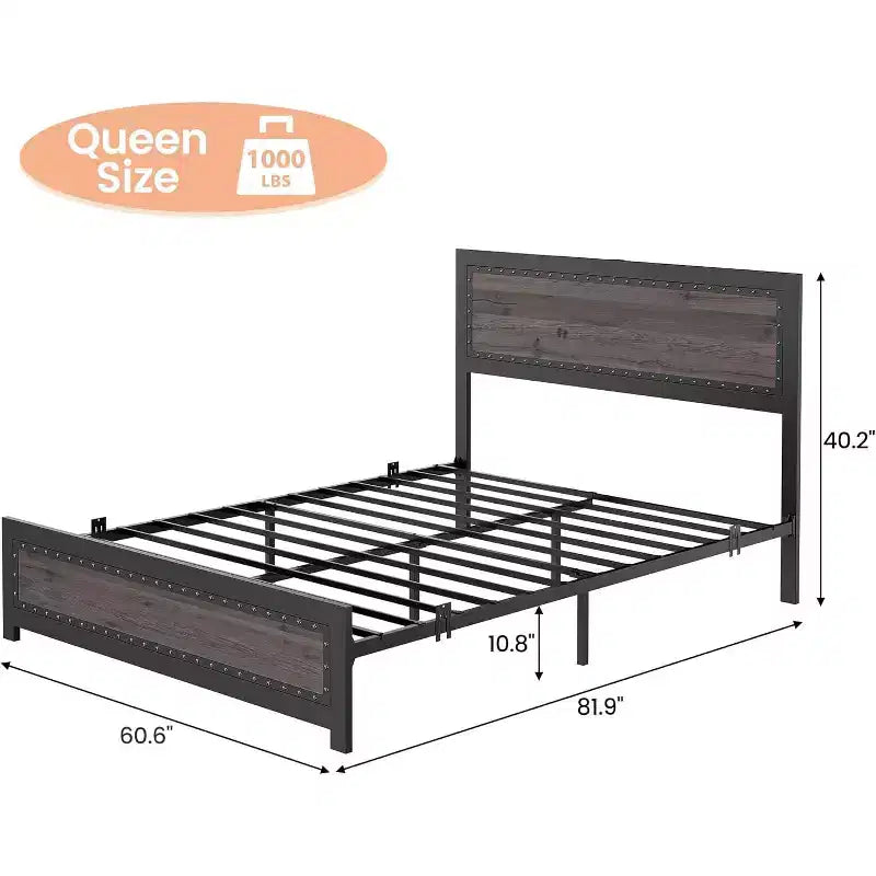 Cadre de lit plateforme avec tête de lit élégante et stylée, rangement sous le lit, aucun sommier tapissier requis, montage facile, support robuste, gris
