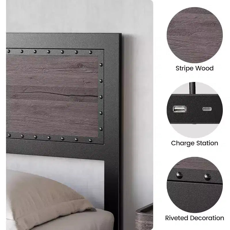 Cadre de lit plateforme avec tête de lit élégante et stylée, rangement sous le lit, aucun sommier tapissier requis, montage facile, support robuste, gris