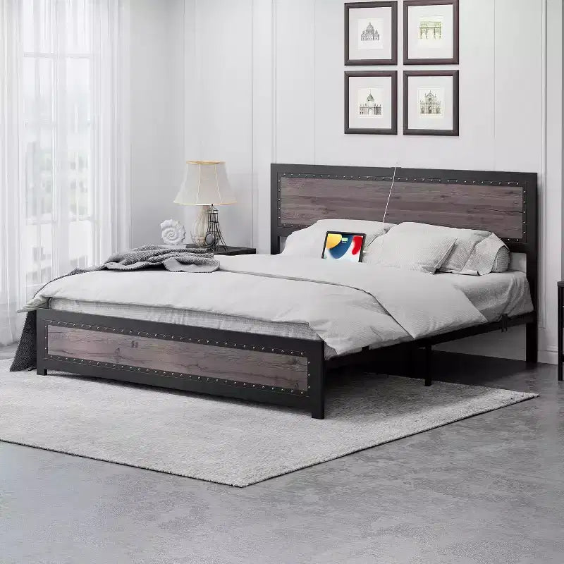 Cadre de lit plateforme avec tête de lit élégante et stylée, rangement sous le lit, aucun sommier tapissier requis, montage facile, support robuste, gris