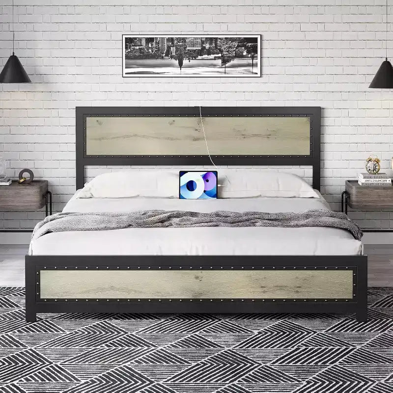 Cadre de lit plateforme avec tête de lit élégante et stylée, rangement sous le lit, aucun sommier tapissier requis, montage facile, support robuste, gris