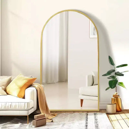 Miroir sur pied arqué de 67 pouces avec cadre en alliage d'aluminium, doré