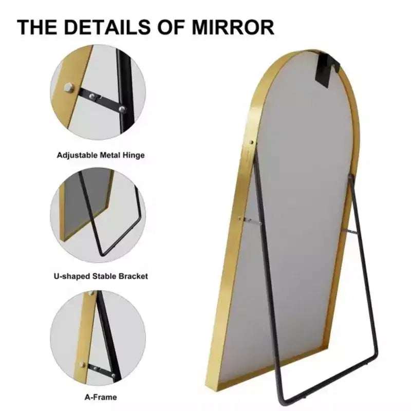 Miroir sur pied arqué de 67 pouces avec cadre en alliage d'aluminium, doré