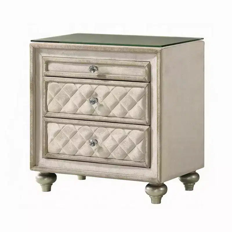 Table de chevet avec 2 tiroirs et plateau coulissant, bois 68,5 cm, velours beige