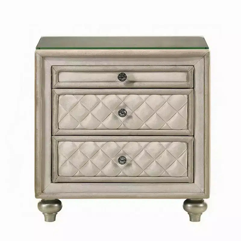 Table de chevet avec 2 tiroirs et plateau coulissant, bois 68,5 cm, velours beige