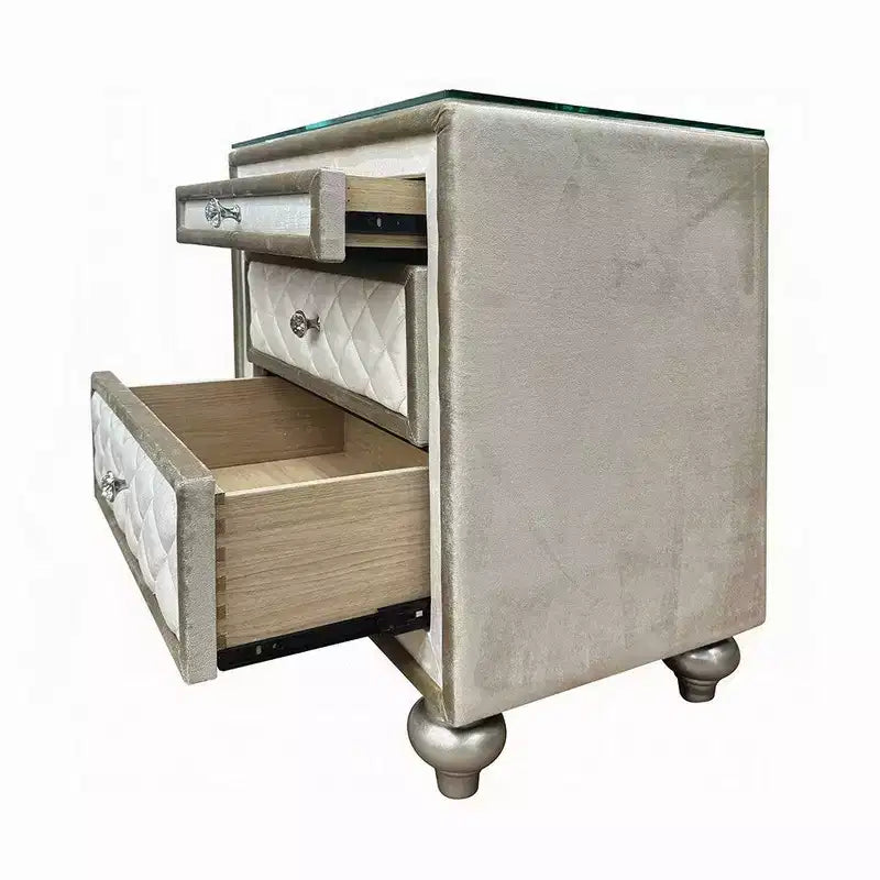 Table de chevet avec 2 tiroirs et plateau coulissant, bois 68,5 cm, velours beige