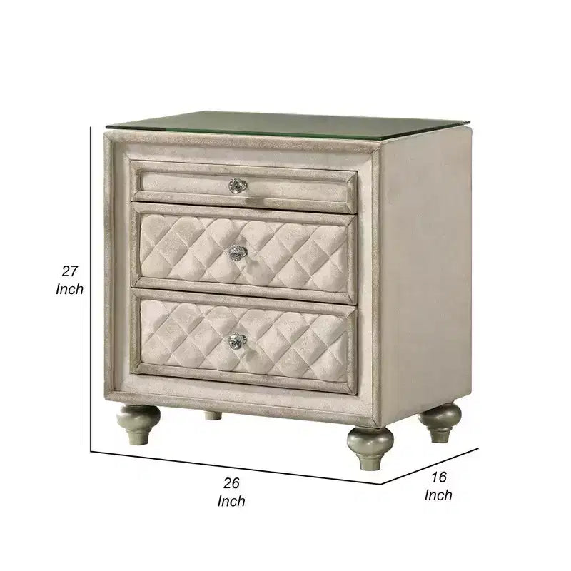 Table de chevet avec 2 tiroirs et plateau coulissant, bois 68,5 cm, velours beige