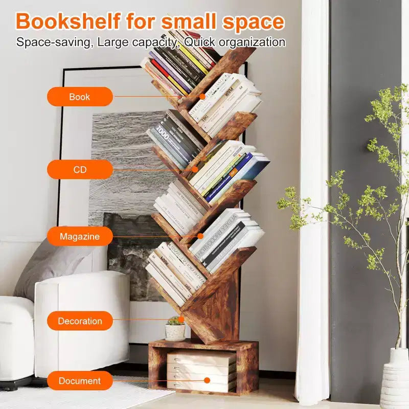 Étagère bibliothèque à 8 niveaux en forme d'arbre, style rustique, avec étagères ouvertes, idéale pour les salons, les chambres et les bureaux