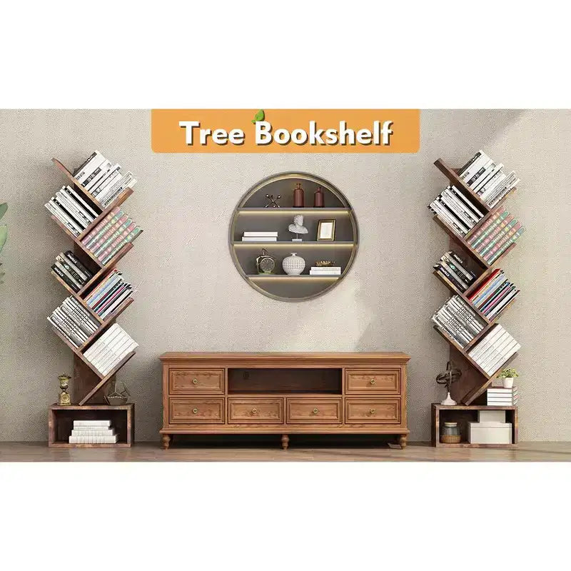 Étagère bibliothèque à 8 niveaux en forme d'arbre, style rustique, avec étagères ouvertes, idéale pour les salons, les chambres et les bureaux