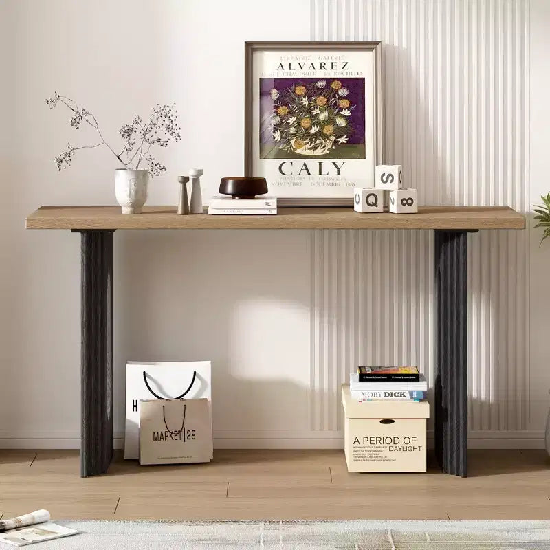 Console unique avec pieds ronds creux, Table d'entrée moderne en bois pour salon et entrée