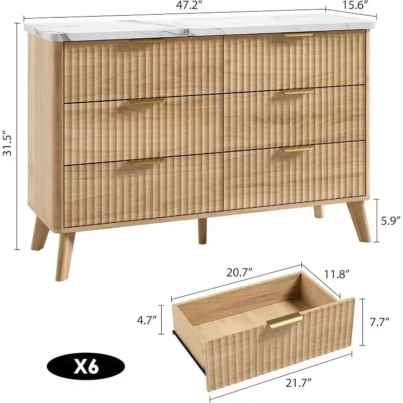 Commode 6 tiroirs pour chambre à coucher, large commode de 120 cm avec motif épais et grand design