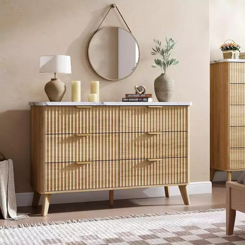 Commode 6 tiroirs pour chambre à coucher, large commode de 120 cm avec motif épais et grand design