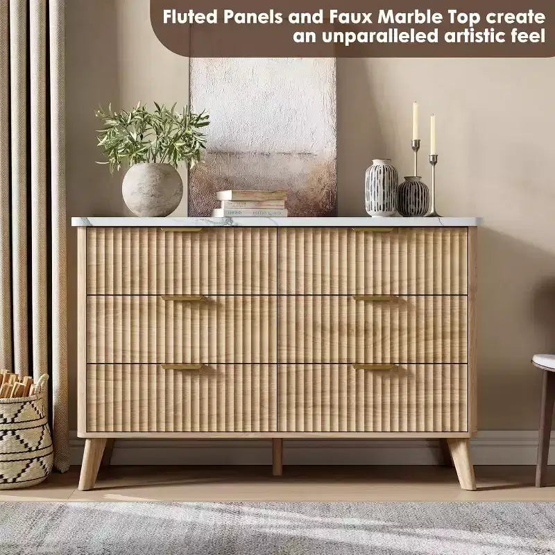 Commode 6 tiroirs pour chambre à coucher, large commode de 120 cm avec motif épais et grand design