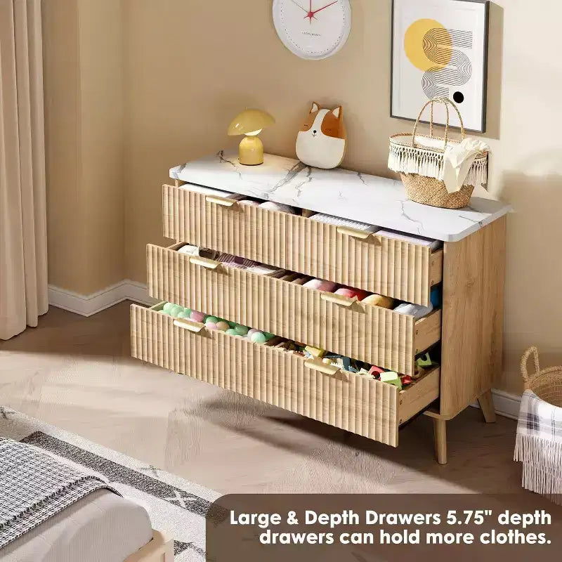 Commode 6 tiroirs pour chambre à coucher, large commode de 120 cm avec motif épais et grand design