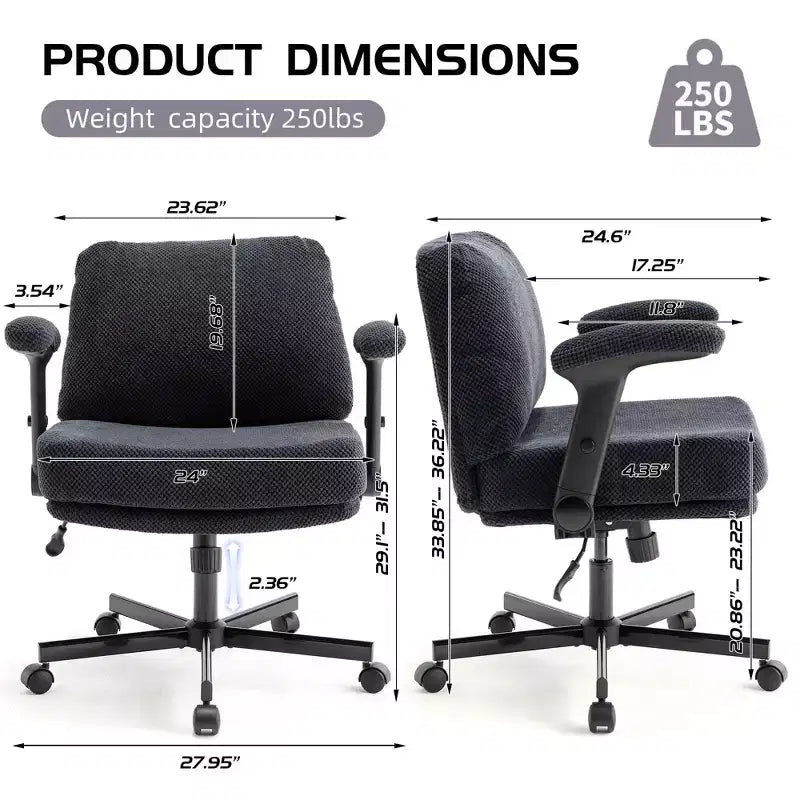 Chaise Criss-Cross à roulettes C avec accoudoirs relevables, siège large à coussin épais, pivotante pour bureau/appartement