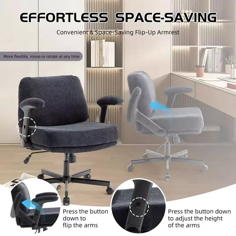 Chaise Criss-Cross à roulettes C avec accoudoirs relevables, siège large à coussin épais, pivotante pour bureau/appartement