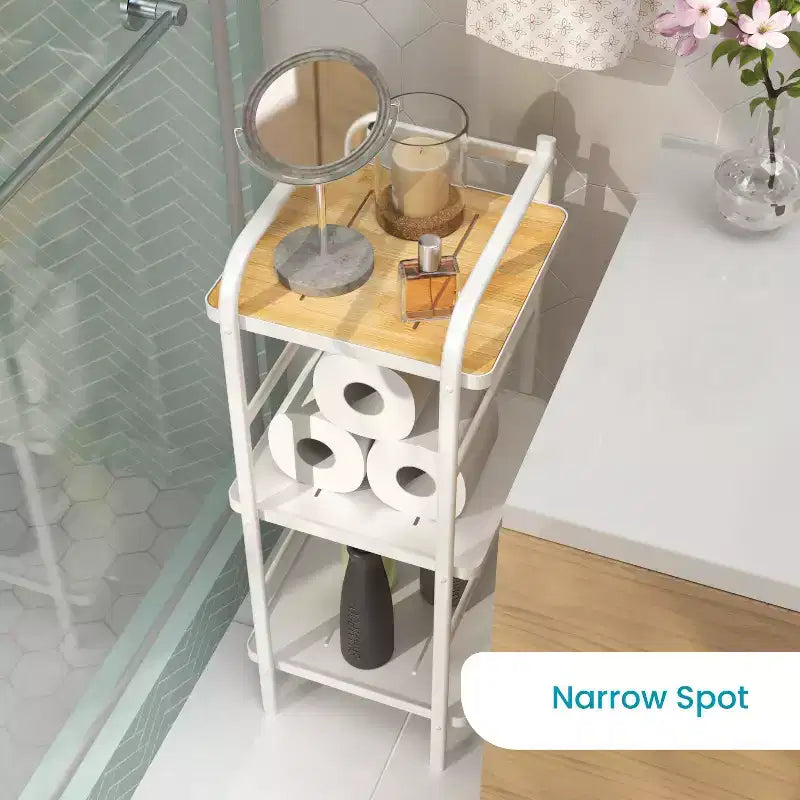 Organisateur de rangement autoportant à 3 niveaux avec accents en bambou et cadre en acier, étagère verticale peu encombrante, blanc