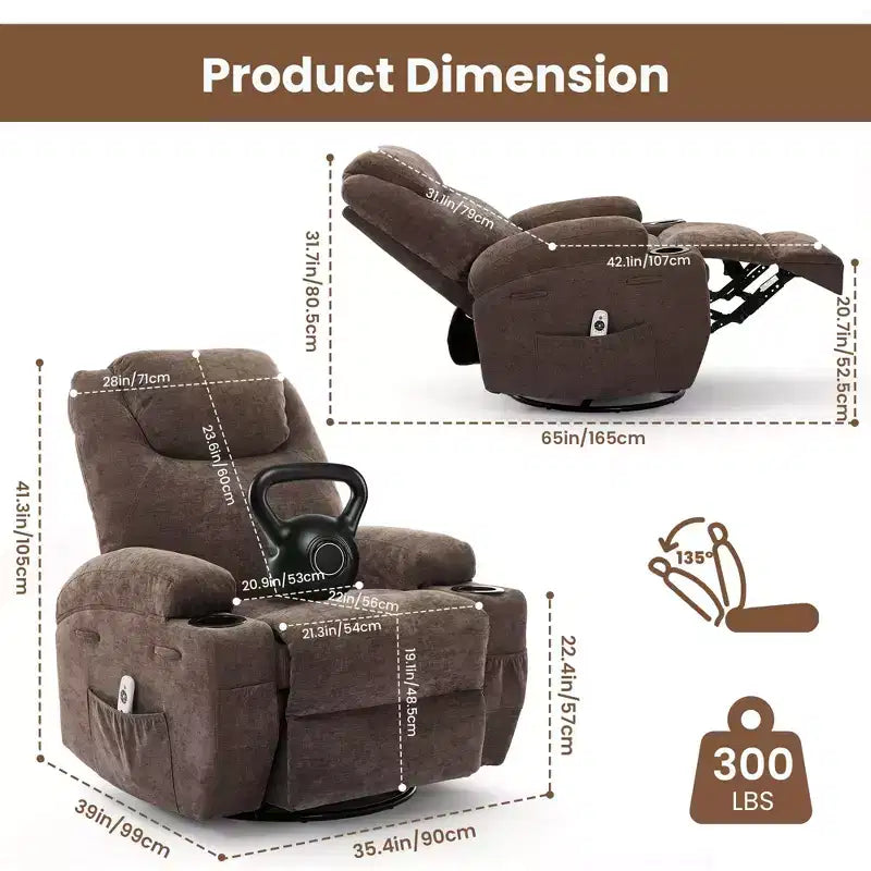 Fauteuil inclinable, fauteuil inclinable à bascule pivotant à 360° pour adultes avec massage et chaleur, fauteuils à bascule électriques