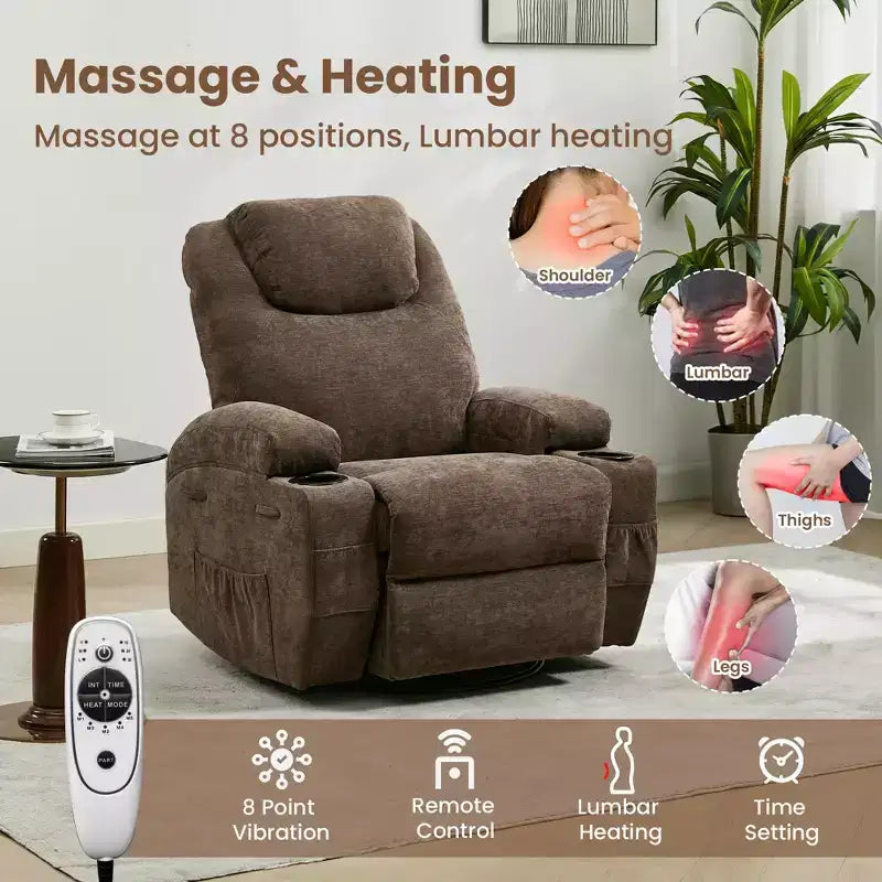 Fauteuil inclinable, fauteuil inclinable à bascule pivotant à 360° pour adultes avec massage et chaleur, fauteuils à bascule électriques