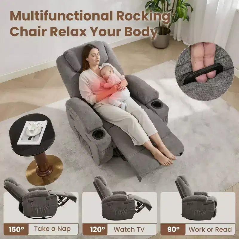 Fauteuil inclinable, fauteuil inclinable à bascule pivotant à 360° pour adultes avec massage et chaleur, fauteuils à bascule électriques