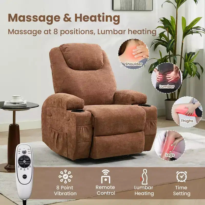 Fauteuil inclinable, fauteuil inclinable à bascule pivotant à 360° pour adultes avec massage et chaleur, fauteuils à bascule électriques