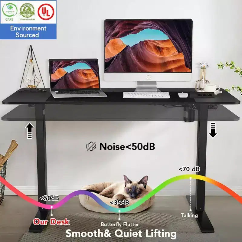 Bureau d'ordinateur électrique debout à hauteur réglable 63x24 avec prise, roulettes, cadre à double faisceau et tapis de souris