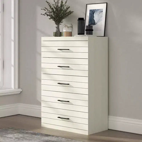 Galano 5-Drawer Dresser with Interlock Safety System in Pearl White Oak 30.7 W x 16.1 D x 45.8 H