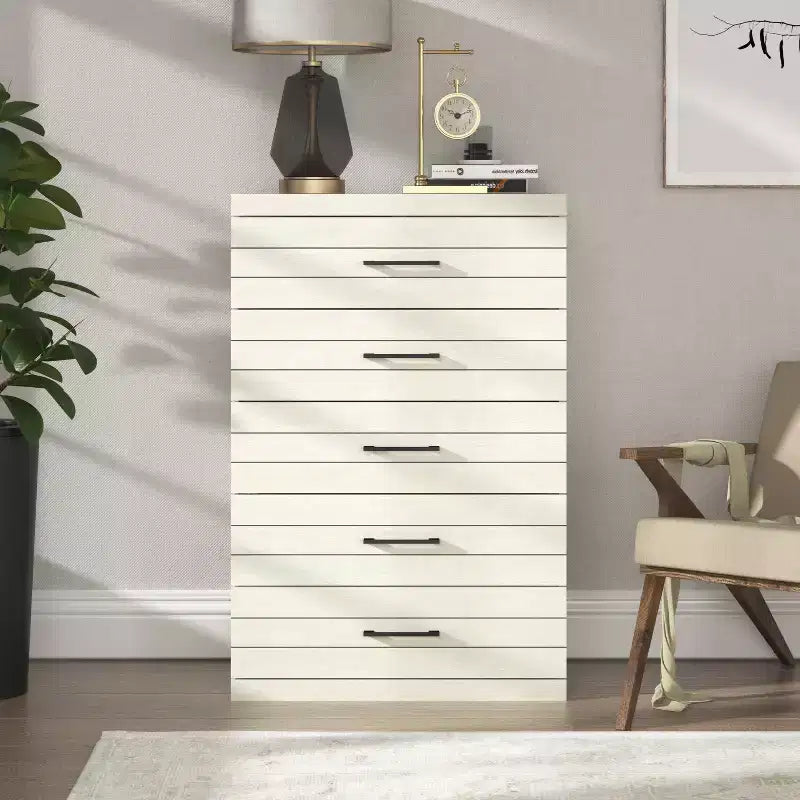 Commode à 5 tiroirs avec système de verrouillage de sécurité en chêne blanc perlé 30,7 L x 16,1 P x 45,8 H