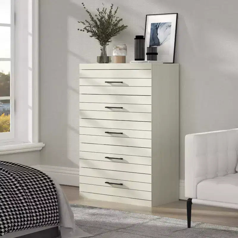 Commode à 5 tiroirs avec système de verrouillage de sécurité en chêne blanc perlé 30,7 L x 16,1 P x 45,8 H